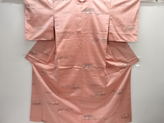 アンティーク　橋に寺塔模様織り出し手織り節紬着物